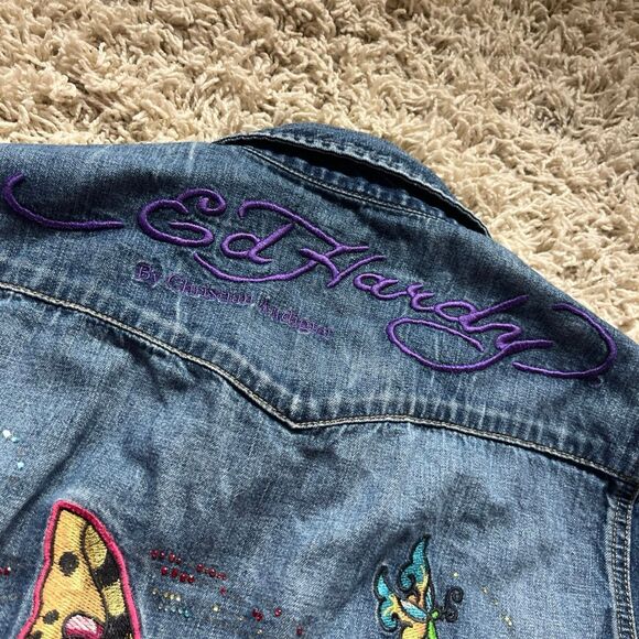 Ed Hardy Shirt Mens L Denim Western Pearl Snap Rhinestone by Christian Audigier - Picture 4 of 15